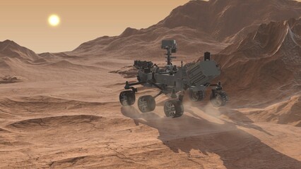 A rover roaming and exploring the surface of Mars. A rover making experiments in a mission on Mars at sunset