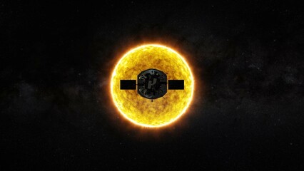 Parker Solar Probe Mission to the sun. Dramatic view of the sun with fire and plazma along the surface - obrazy, fototapety, plakaty