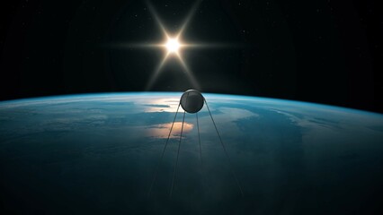 Satellite Sputnik 1 in its orbit in space with Earth below. 3D rendering of the first artificial satellite orbiting Earth. 
