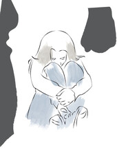  woman victim isolated sitting sad shadow of man hand drawn design style minimal vector illustration painting