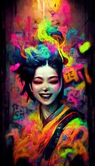 Fototapeta na wymiar Portrait of a geisha in an unusual colorful style amidst clouds of smoke. Colorful and vivid image of a Japanese geisha. The concept of Japanese culture. Perfect for phone wallpaper and posters.