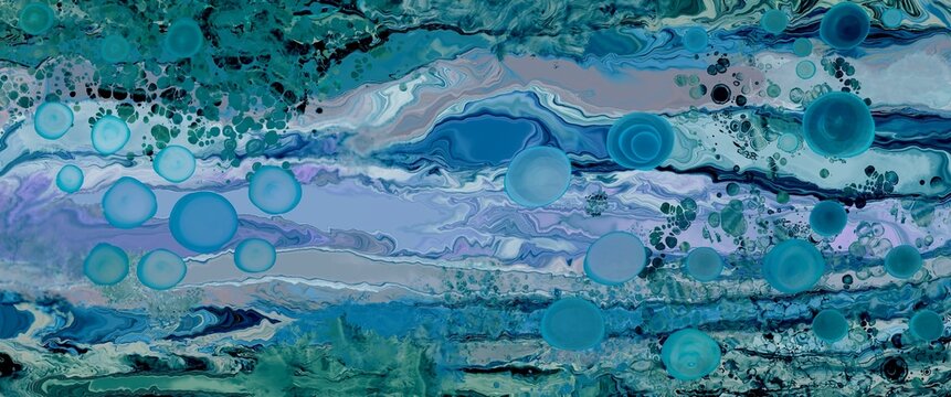 Blue-toned Abstract Background With Pattern Of Marble Effect And Acrylic Cells, Hand Drawn Paiting On Canvas