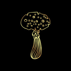 Magic mushrooms. Psychedelic hallucination. Gold vector illustration isolated on black. 60s hippie art. Coloring book for kids and adults.