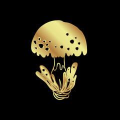 Magic mushrooms. Psychedelic hallucination. Gold vector illustration isolated on black. 60s hippie art. Coloring book for kids and adults.