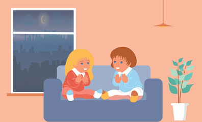 Two girls are sitting on a sofa near the window. Smile and good mood.
