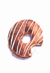 Watercolor drawing of a bitten donut with brown icing.