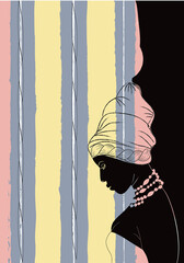 Black African American woman in a turban. Profile silhouette.On the background of striped fabric. The background can be changed. Fashion print advertising. Digital  illustration. Sample