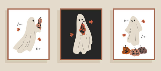 Halloween card design with a cute ghost and scary pumpkins