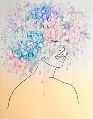 Woman head with flowers line drawing. Watercolor young lady.