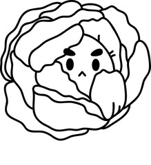 Cute kawaii cabbage head. Farm funny organic vegetable, flat design. Hand draw linear illustration. Vector on isolated background. For printing on paper and fabric, children's illustration