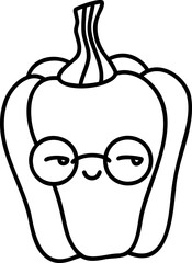 Cute kawaii bell pepper. Farm funny organic vegetable, flat design. Hand draw linear illustration. Vector on isolated background. For printing on paper and fabric, children's illustration