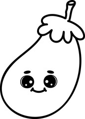 Cute Kawaii Eggplant. Farm funny organic vegetable, flat design. Hand draw linear illustration. Vector on isolated background. For printing on paper and fabric, children's illustration