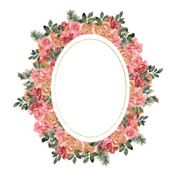 Watercolor frame with winter flowers, branch of Christmas tree, pine, berry and cute bunny, symbol of the new year, isolated on white background