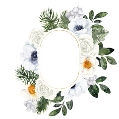 Watercolor frame with winter flowers, branch of Christmas tree, pine, berry and cute bunny, symbol of the new year, isolated on white background