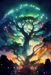 A fabulous watercolor ancient illustration of a tree of life with a bright aura. Magic fairy forest, purple lights at night. Digital art.