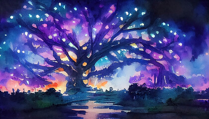A fabulous watercolor ancient illustration of a tree of life with a bright aura. Magic fairy forest, purple lights at night. Digital art. - 524544705