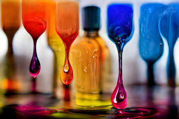 transparent colorful oil drops closeup abstract background, neural network generated art. - obrazy, fototapety, plakaty
