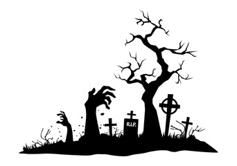 Halloween black element. Сemetery landscape with dead hands from graves. Vector on transparent background