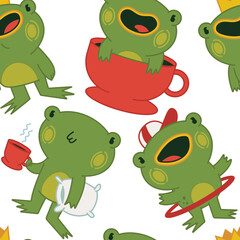 Naklejka premium Cute frogs vector cartoon seamless pattern background for wallpaper, wrapping, packing, and backdrop.