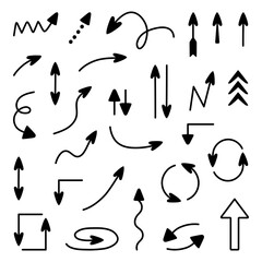 Large vector set of arrows pointing in different directions. Hand drawn, doodle elements isolated on white background