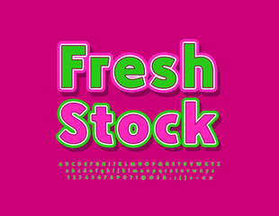 Vector advertising badge Fresh 
Stock. Bright sticker Font. Trendy style Alphabet Letters, Numbers and Symbols set