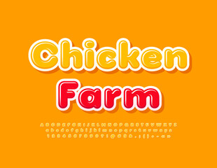 Vector business sin Chicken Farm. Sunny yellow Font. Bright glossy Alphabet Letters, Numbers and Symbols set