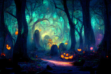 glowing pumpkin heads in dark halloween magic forest, neural network generated art. Digitally generated image. Not based on any actual scene. - obrazy, fototapety, plakaty