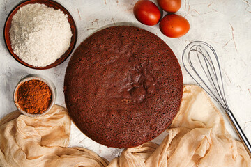 Top view on round chocolate sponge cake or chiffon cake on baking paper so soft and delicious with ingredients: eggs, flour, milk on wood table. Homemade bakery concept for background and wallpaper