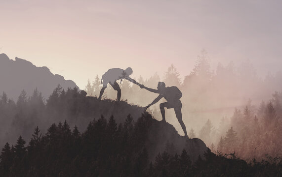 Team work, life goals and self improvement concept. Two people climbing up a steep edge of a mountain. Double exposure 
