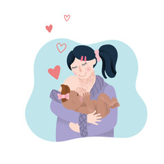 A mother breastfeeds her baby. Concept vector illustration in cartoon style