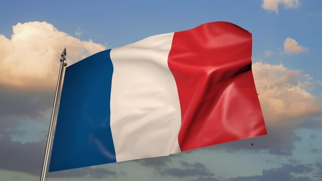 French flag on a flagpole. 3D animation against a blue sky with clouds