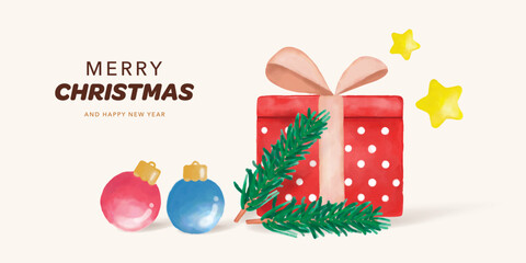 Merry Christmas watercolor with Candy cane,gift,green fir branches and ball. Watercolor vector illustration. Christmas card design. Happy new year card.