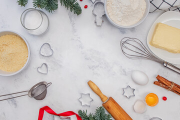Fototapeta na wymiar Utensils and ingredients for Christmas baking.