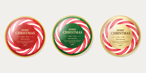 Merry Christmas vintage label with candy cane glossy badge design. Watercolor vector invitations isolated on white background.