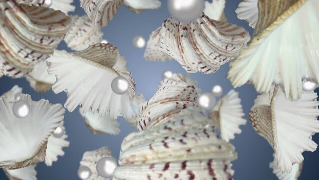 Sea shells with pearls falling down on a blue background. Seamless looping slow motion 4k video