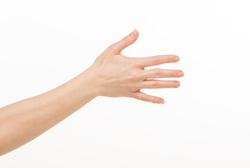 female hand shows gestures on a white background isolated.number direction fist approval