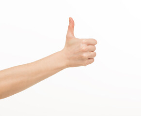 female hand shows gestures on a white background isolated.number direction fist approval