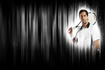 Tennis Player with a white uniform on a black and white background.