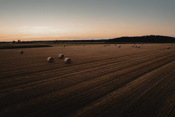 Obraz premium The straw lying in the harvest field, sunset in the background