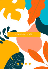 Abstract background design. Summer Sale. Advertising content for social networks. Banner is vertical. Exotic plants. Tropical palm leaves.
