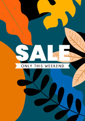 Summer Sale. Advertising content for social networks. Banner is vertical. Exotic plants. Tropical palm leaves.