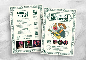 Dia De Los Muertos Flyer Poster with Calacas Character Playing Guitar