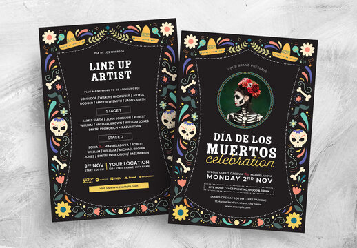 Dia De Los Muertos Flyer Poster with Mexican Illustrations