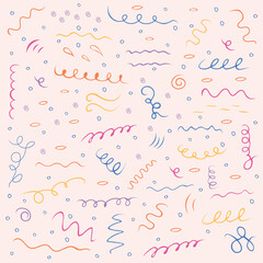 Multicolored hand drawn doodle set. Includes different swirls, circles, bubbles, ovals in pink, yellow, blue, purple and orange. Template for patterns
