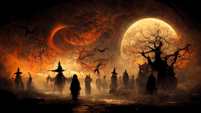 Halloween background with scary pumpkins, Dracula's castle and silhouettes of flying bats against full moon. Hi tech. AI.