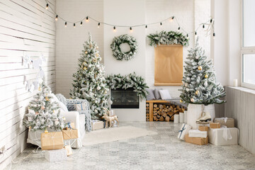 Rustic Interior with light walls, fireplace and soft sofa decorated for celebrating Christmas. Comfort cozy home in Christmas or New Year Holidays. Monochrome interior