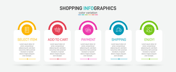 Concept of shopping process with 5 successive steps. Five colorful graphic elements. Timeline design for brochure, presentation, web site. Infographic design layout.