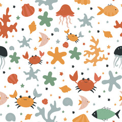 Fototapeta premium Summer color pattern with cute sea creatures. Cute summer patterns with juicy symbols of summer. Ideal for decoration, textiles, covers, cases and more