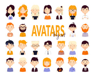 A large set of cute chubby avatars of a man and a woman with short and long hairstyles, beards, mustaches. Vector illustration isolated on white background.