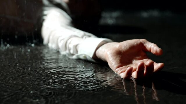dead man in puddle in rain in night, closeup view of hand, crime scene, flashes of camera of police